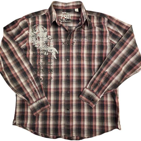 Projek Raw Shirt Mens XL Black Red Gray Plaid Graphic Button Up Long Sleeve - Picture 7 of 12